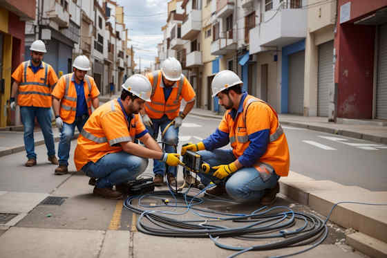 Trababajores instalando redes de telecomunicaciones